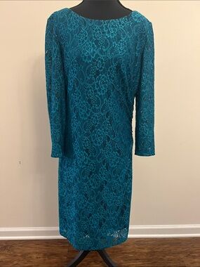 Tahari Turquoise Lace Long-Sleeve Sheath Dress